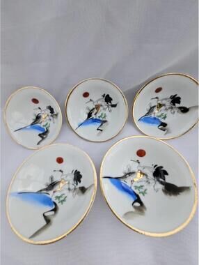 Vintage Japanese Sake Cups Set of 5 | Hand-Painted Crane & Sun Porcelain Bowls
